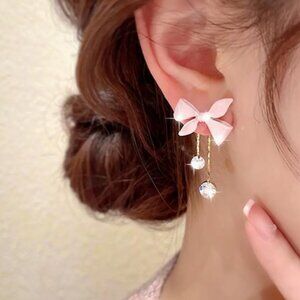 NEW Arabella Pink Enamel Bow Crystal Drop Earrings
